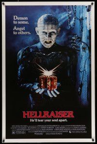 9w317 HELLRAISER 1sh '87 Clive Barker horror, great image of Pinhead, he'll tear your soul apart!