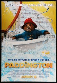 9w549 PADDINGTON advance DS 1sh '15 cute image of bear traveler, he's making a big splash!