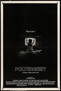 9w573 POLTERGEIST heavy stock 1sh '82 Tobe Hooper, classic, they're here, Heather O'Rourke by TV!