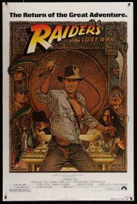 9w596 RAIDERS OF THE LOST ARK 1sh R82 Drew Struzan art of adventurer Harrison Ford!
