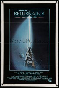 9w612 RETURN OF THE JEDI int'l 1sh '83 George Lucas, art of hands holding lightsaber by Tim Reamer!
