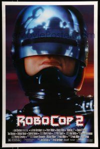 9w622 ROBOCOP 2 DS 1sh '90 great close up of cyborg policeman Peter Weller, sci-fi sequel!