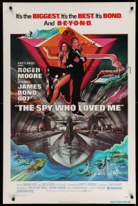 9w698 SPY WHO LOVED ME 1sh '77 cool art of Roger Moore as James Bond by Bob Peak!