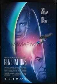 9w714 STAR TREK: GENERATIONS advance 1sh '94 Stewart as Picard & Shatner as Kirk, two captains!