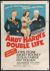 9y005 ANDY HARDY'S DOUBLE LIFE linen style D 1sh '42 art of Mickey Rooney & sexy Esther Williams!