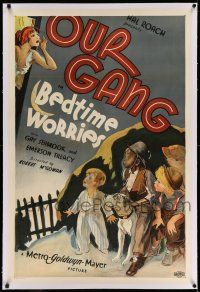 9y017 BEDTIME WORRIES linen 1sh '33 stone litho of Stymie, Spanky, Pete the Pup & Our Gang kids!