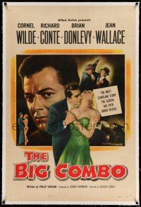9y018 BIG COMBO linen 1sh '55 art of Cornel Wilde & sexy Jean Wallace, classic film noir!