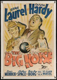 9y020 BIG NOISE linen 1sh '40s great stone litho art of Stan Laurel & Oliver Hardy with bomb!
