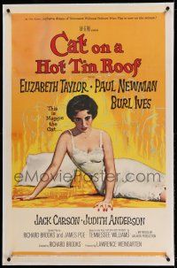 9y043 CAT ON A HOT TIN ROOF linen 1sh '58 Reynold Brown art of Elizabeth Taylor as Maggie the Cat!
