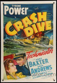 9y051 CRASH DIVE linen 1sh '43 stone litho of Tyrone Power & Anne Baxter + burning submarine!