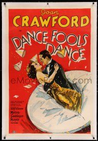9y054 DANCE FOOLS DANCE linen 1sh '31 great art of Joan Crawford & Lester Vail celebrating, rare!