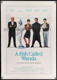 9y070 FISH CALLED WANDA linen 1sh '88 John Cleese, Jamie Lee Curtis, Kline & Palin in police lineup