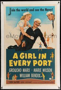 9y086 GIRL IN EVERY PORT linen 1sh '52 art of wacky Navy sailor Groucho Marx & sexy Marie Wilson!