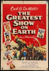 9y093 GREATEST SHOW ON EARTH linen 1sh '52 DeMille circus classic, Charlton Heston, James Stewart!
