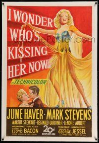 9y108 I WONDER WHO'S KISSING HER NOW linen 1sh '47 full-length stone litho of sexiest June Haver!