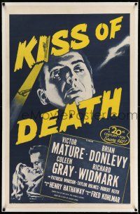 9y119 KISS OF DEATH linen 1sh R53 c/u of Victor Mature & kissing Coleen Gray, film noir classic!