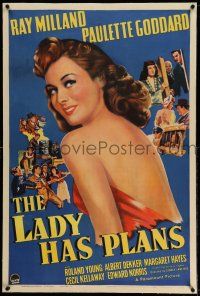 9y120 LADY HAS PLANS linen 1sh '42 great close up art of sexy Paulette Goddard & with Ray Milland!