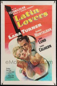 9y124 LATIN LOVERS linen 1sh '53 best artwork of sexy Lana Turner & Ricardo Montalban in guitar!