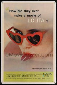 9y131 LOLITA linen 1sh '62 Stanley Kubrick, sexy Sue Lyon with heart sunglasses & lollipop!