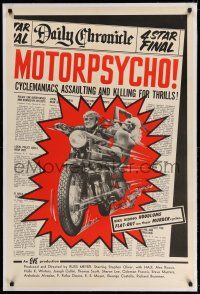 9y153 MOTORPSYCHO linen 1sh '65 Russ Meyer motorcycle classic, assaulting & killing for thrills!