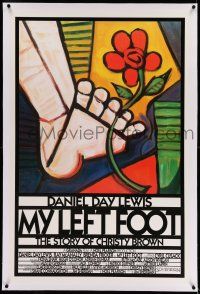 9y155 MY LEFT FOOT linen int'l 1sh '89 Daniel Day-Lewis, cool artwork of foot w/flower by Seltzer!