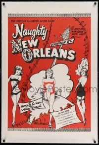 9y156 NAUGHTY NEW ORLEANS linen 25x38 1sh R59 Bourbon St. showgirls in French Quarter after dark!