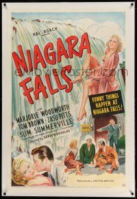 9y158 NIAGARA FALLS linen 1sh '41 great stone litho art of sexy Marjorie Woodworth by waterfall!