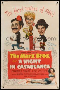 9y159 NIGHT IN CASABLANCA linen 1sh '46 wonderful art of The Marx Brothers, Groucho, Chico & Harpo!