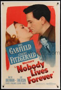 9y161 NOBODY LIVES FOREVER linen 1sh '46 John Garfield with gun & kissing Geraldine Fitzgerald!