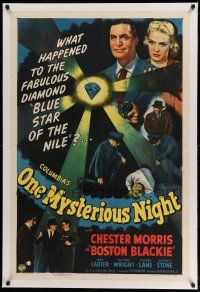9y169 ONE MYSTERIOUS NIGHT linen 1sh '44 Boston Blackie recovers the Blue Star of the Nile diamond!