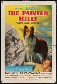9y173 PAINTED HILLS linen 1sh '51 wonderful art portrait of Lassie + saving man falling from cliff!