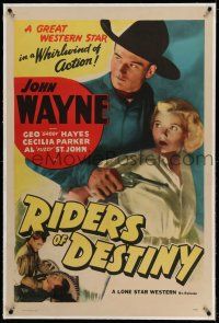 9y190 RIDERS OF DESTINY linen 1sh R47 great close up of young cowboy John Wayne with gun & girl!