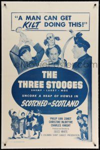 9y198 SCOTCHED IN SCOTLAND linen 1sh '54 Three Stooges with Shemp, a man can get KILT doing this!