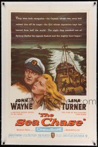 9y199 SEA CHASE linen 1sh '55 sexy Lana Turner is the fuse of John Wayne's floating time bomb!