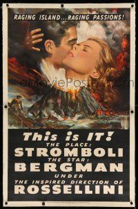 9y215 STROMBOLI linen 1sh '50 Ingrid Bergman, directed by Roberto Rossellini, cool volcano art!