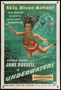 9y245 UNDERWATER linen 1sh '55 Howard Hughes, art of sexy skin diver Jane Russell swimming by shark!