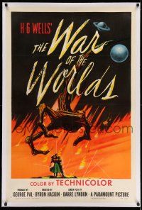 9y251 WAR OF THE WORLDS linen 1sh '53 H.G. Wells & George Pal classic, wonderful alien hand art!