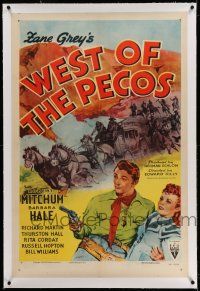 9y253 WEST OF THE PECOS linen 1sh R51 art of cowboy Robert Mitchum & Barbara Hale, Zane Grey!