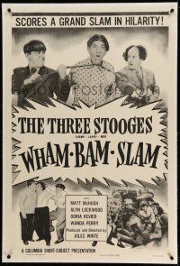 9y255 WHAM-BAM-SLAM linen 1sh '55 The Three Stooges with Shemp, scores a grand slam in hilarity!
