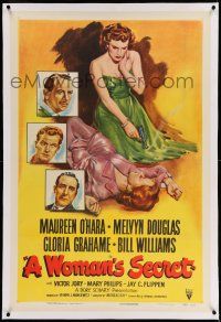 9y257 WOMAN'S SECRET linen 1sh '49 Maureen O'Hara w/gun in Nicholas Ray/Herman J. Mankiewicz noir!