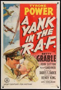 9y259 YANK IN THE R.A.F. linen 1sh '41 stone litho of smiling Tyrone Power & Betty Grable in uniform
