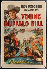 9y263 YOUNG BUFFALO BILL linen 1sh '40 Roy Rogers, Gabby Hayes & Chief Thundercloud + western art!