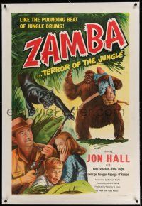 9y267 ZAMBA linen 1sh '49 Jon Hall & June Vincent, wild image of huge African ape carrying woman!