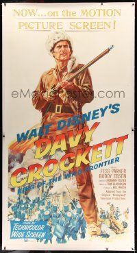 9z006 DAVY CROCKETT, KING OF THE WILD FRONTIER linen 3sh '55 Disney, classic art of Fess Parker!