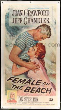 9z011 FEMALE ON THE BEACH linen 3sh '55 art of scared Joan Crawford embracing Jeff Chandler!