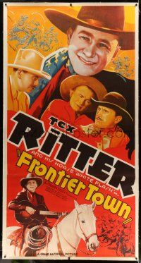 9z013 FRONTIER TOWN linen 3sh '38 cool art of singing cowboy Tex Ritter & his horse White Flash!