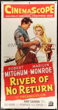 9z028 RIVER OF NO RETURN linen 3sh '54 great artwork of Robert Mitchum grabbing sexy Marilyn Monroe!