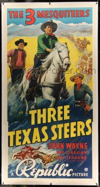 9z032 THREE TEXAS STEERS linen 3sh '39 great art of John Wayne with The Three Mesquiteers, rare!