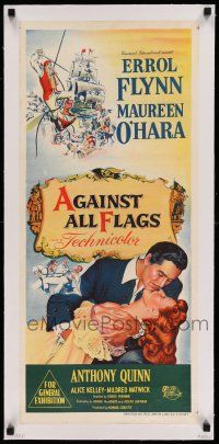 9z096 AGAINST ALL FLAGS linen Aust daybill '52 different art of Errol Flynn kissing Maureen O'Hara!