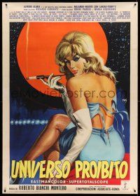 9z048 UNIVERSO PROIBITO linen Italian 1p '63 Mos art of sexy smoking blonde stripper from behind!